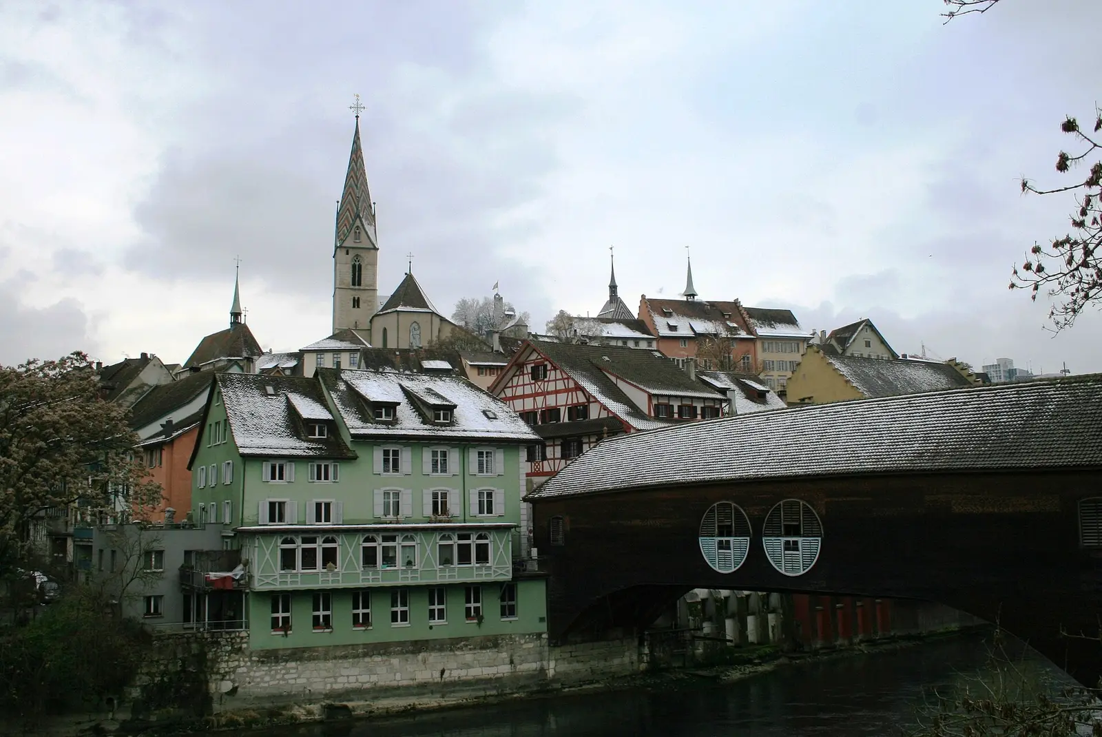 Baden old town beside the covered bridge over the Limmat
