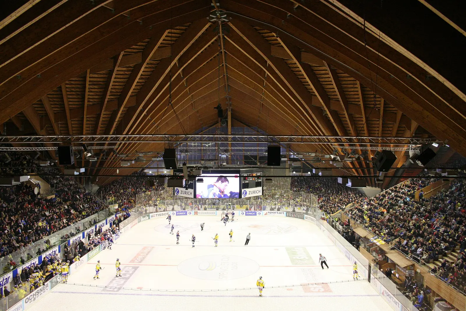 Wooden roof and stands of the Davos ice rink during the Spengler Cup